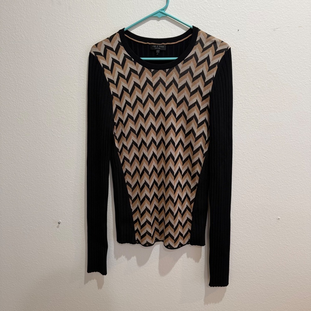 Rag & Bone Chevron Intarsia Ribbed Knit Long Sleeve Top Black Tan Size L